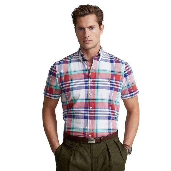 POLO RALPH LAUREN Men's Slim Fit Short Sleeve Oxford Shirt (Red White Multi, M)